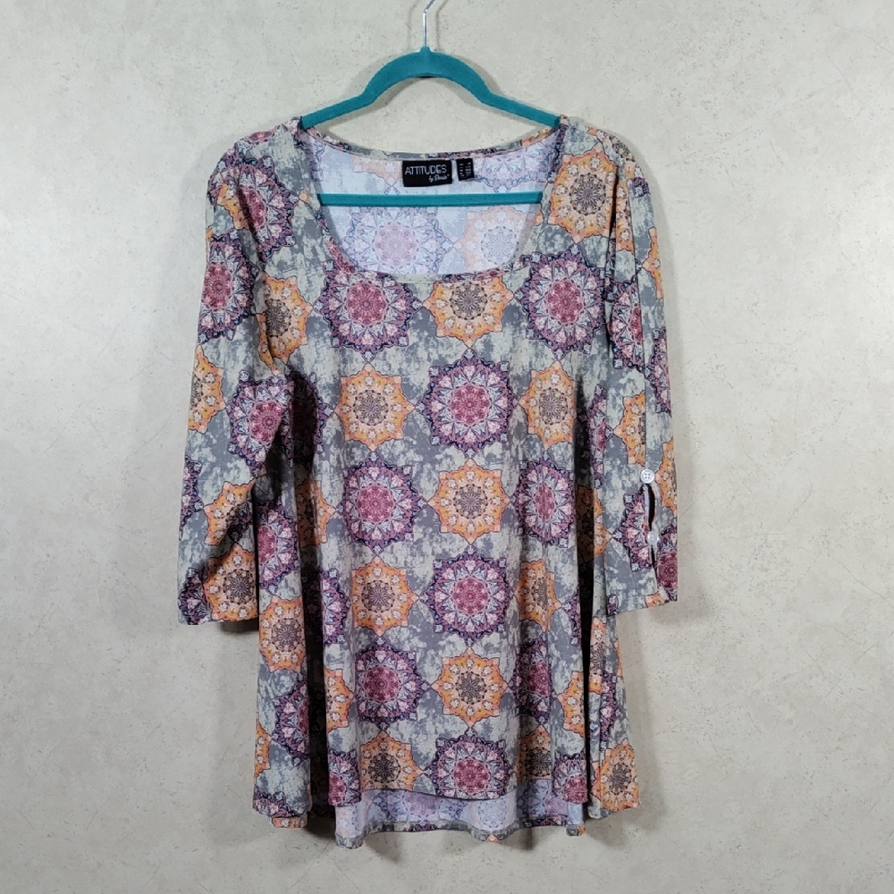 5092 Attitudes by Renee gray, orange & burgundy print knit blouse PL